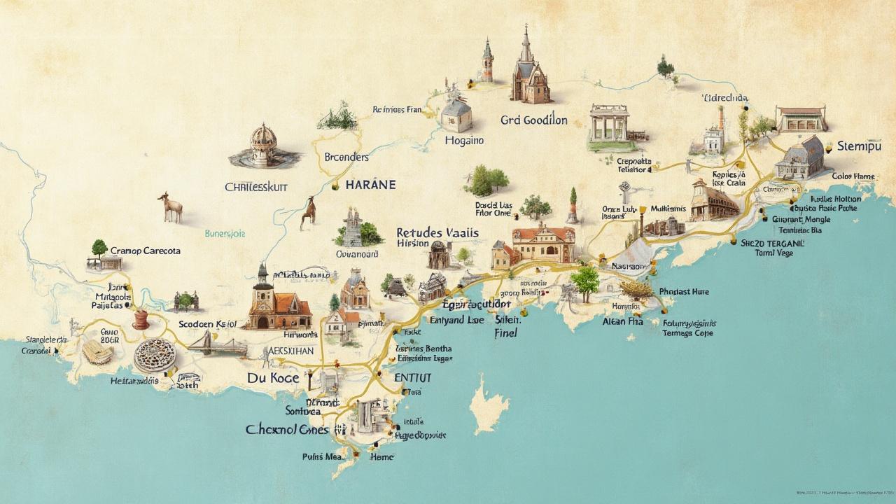 Carte détaillée d'un monde médiéval fantastique avec divers lieux et bâtiments