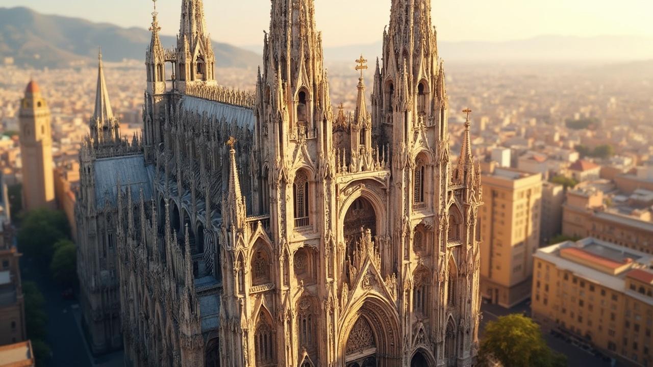 Cathédrale gothique ornée de flèches et de détails sculptés, surplombant la ville.