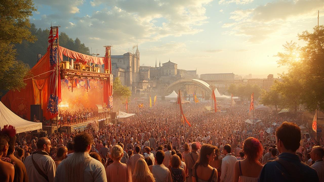 Grande foule colorée assistante à un festival de musique avec décor architectural