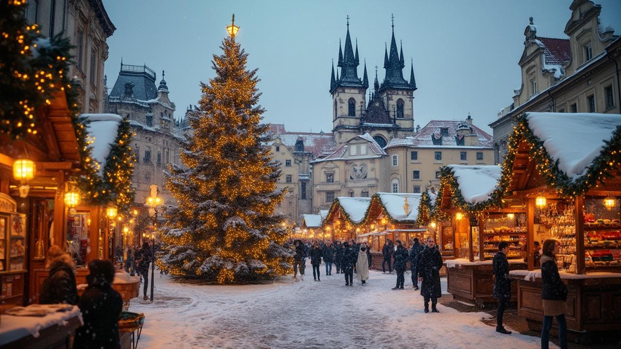 Scène festive de marché de Noël à Prague avec arbre illuminé
