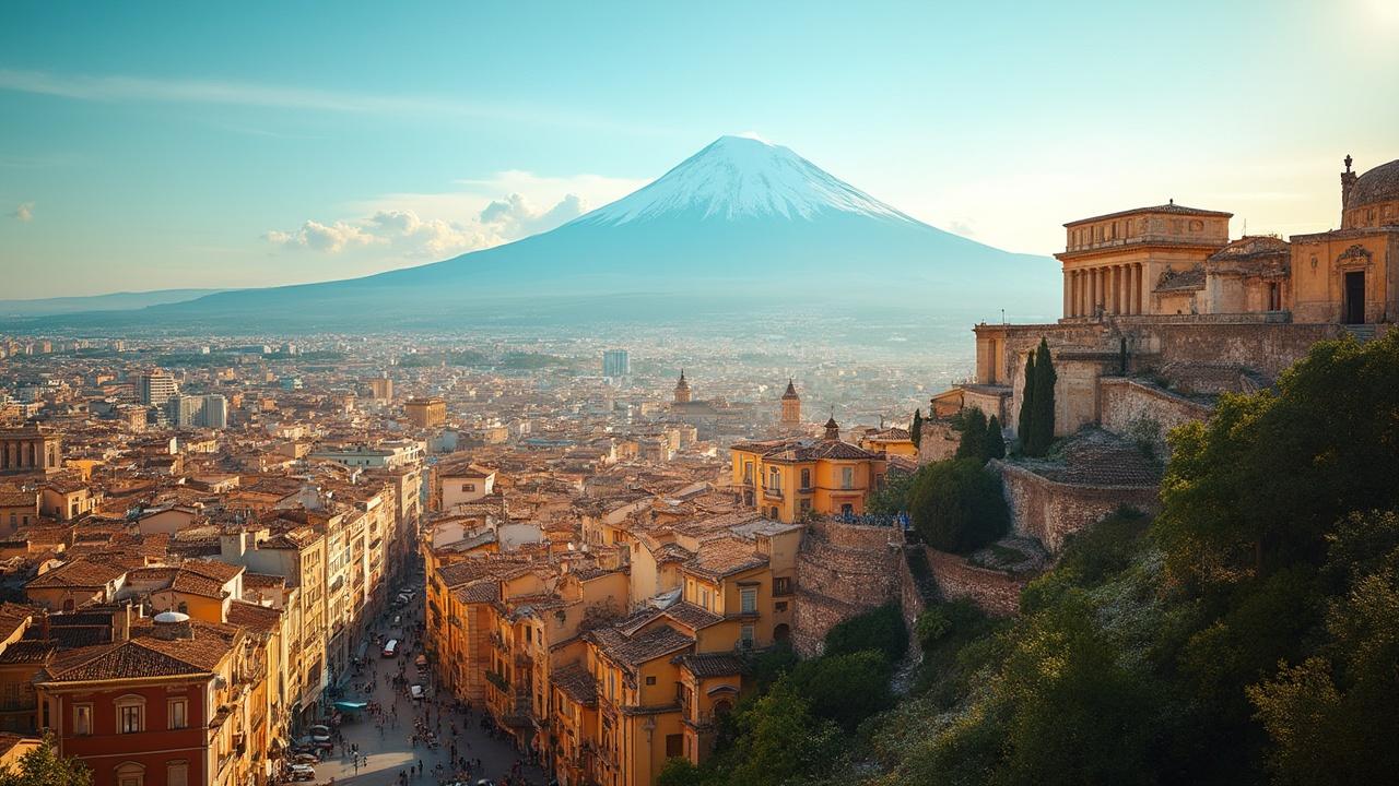 Vue panoramique d'une ville italienne avec le Mont Fuji en arrière-plan
