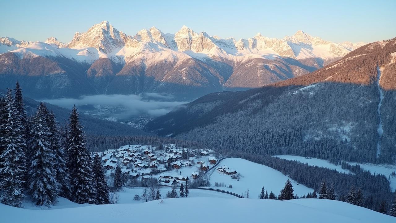 Panorama de montagnes enneigées dominant un village alpin sous la neige