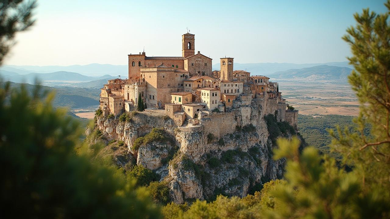 Vue panoramique d'un village médiéval perché sur une falaise escarpée