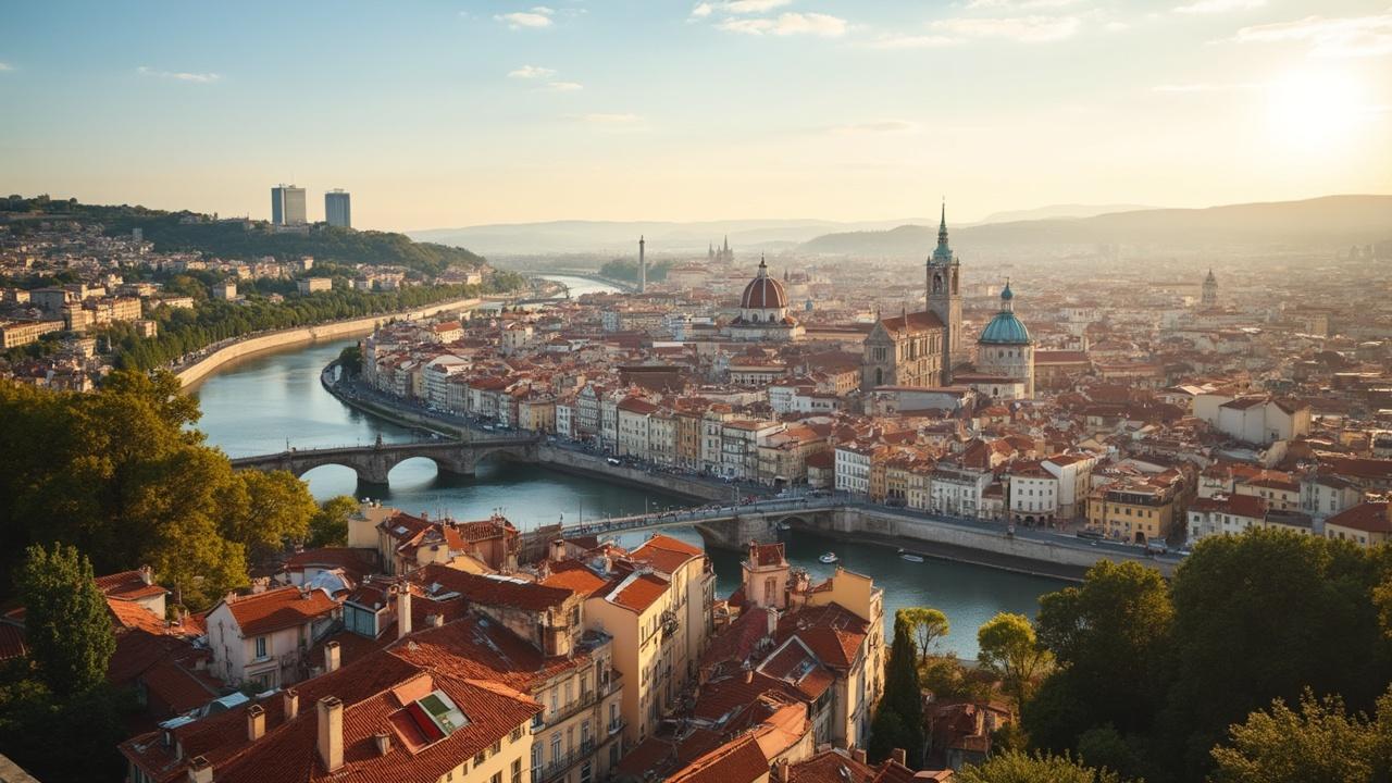 Vue aérienne de la ville de Lyon avec ses ponts, ses toits rouges et ses monuments