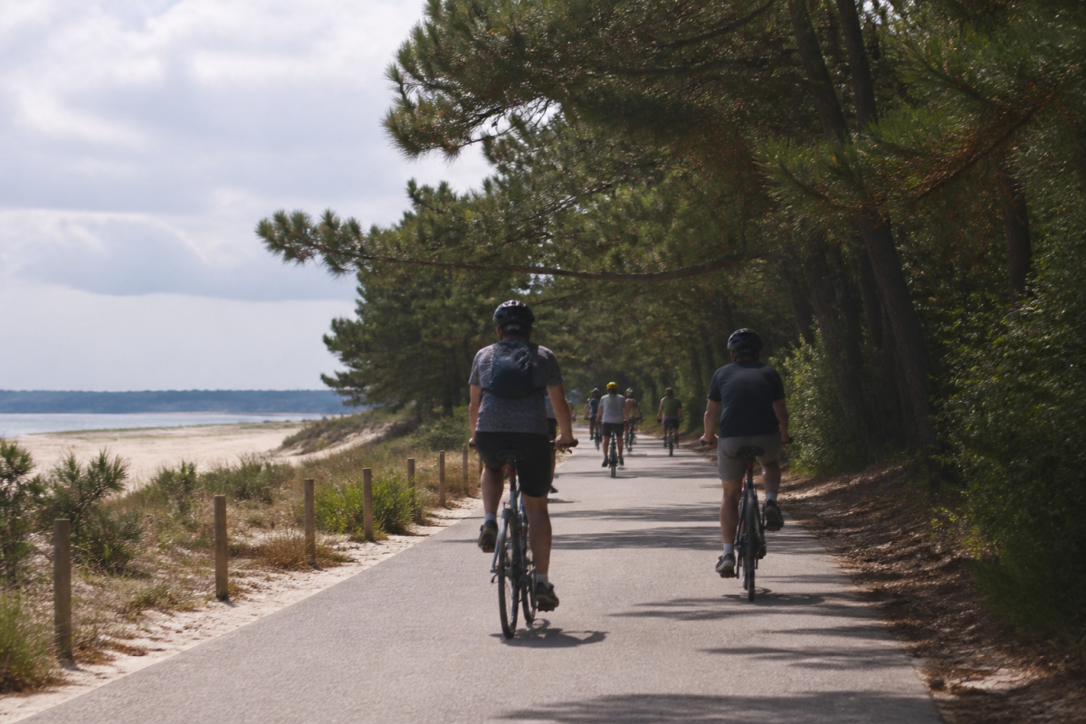 Cyclistes sur piste plate entre plage et pins