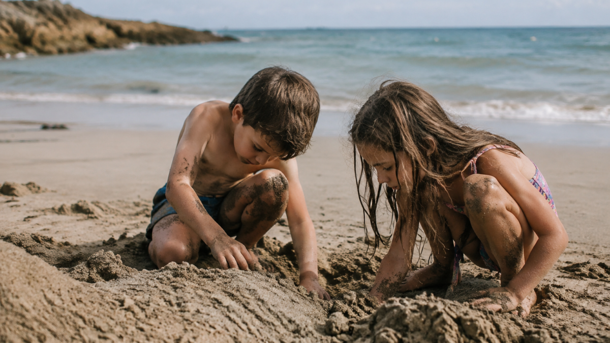Enfants creusent sable plage en bord ocean