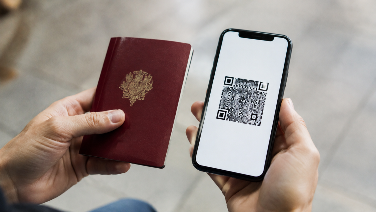 Passeport ouvert sur un smartphone affichant un QR code