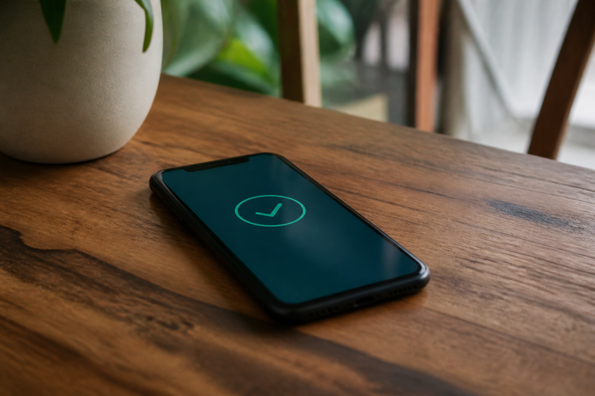 Smartphone affichant une confirmation sur table en bois